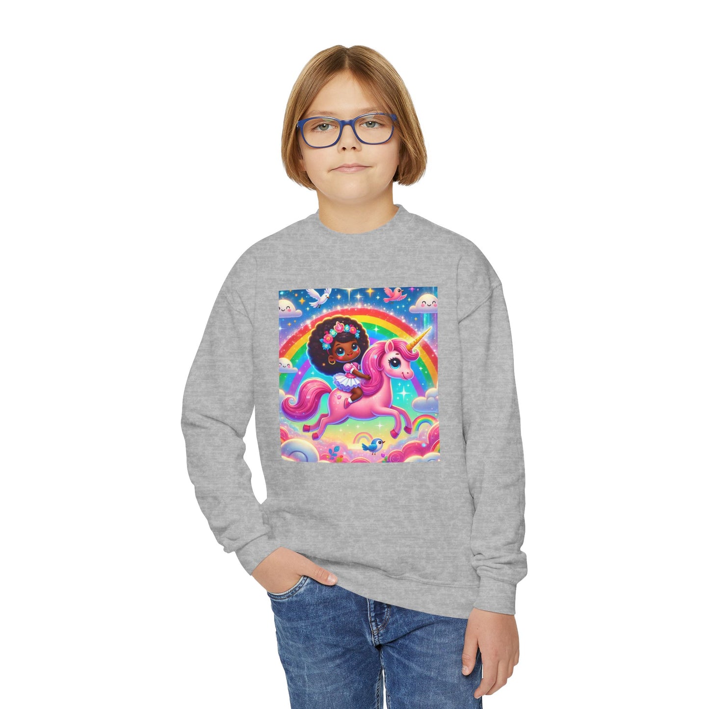 Rainbow Unicorn Youth Crewneck Sweatshirt - Magical Adventure Design