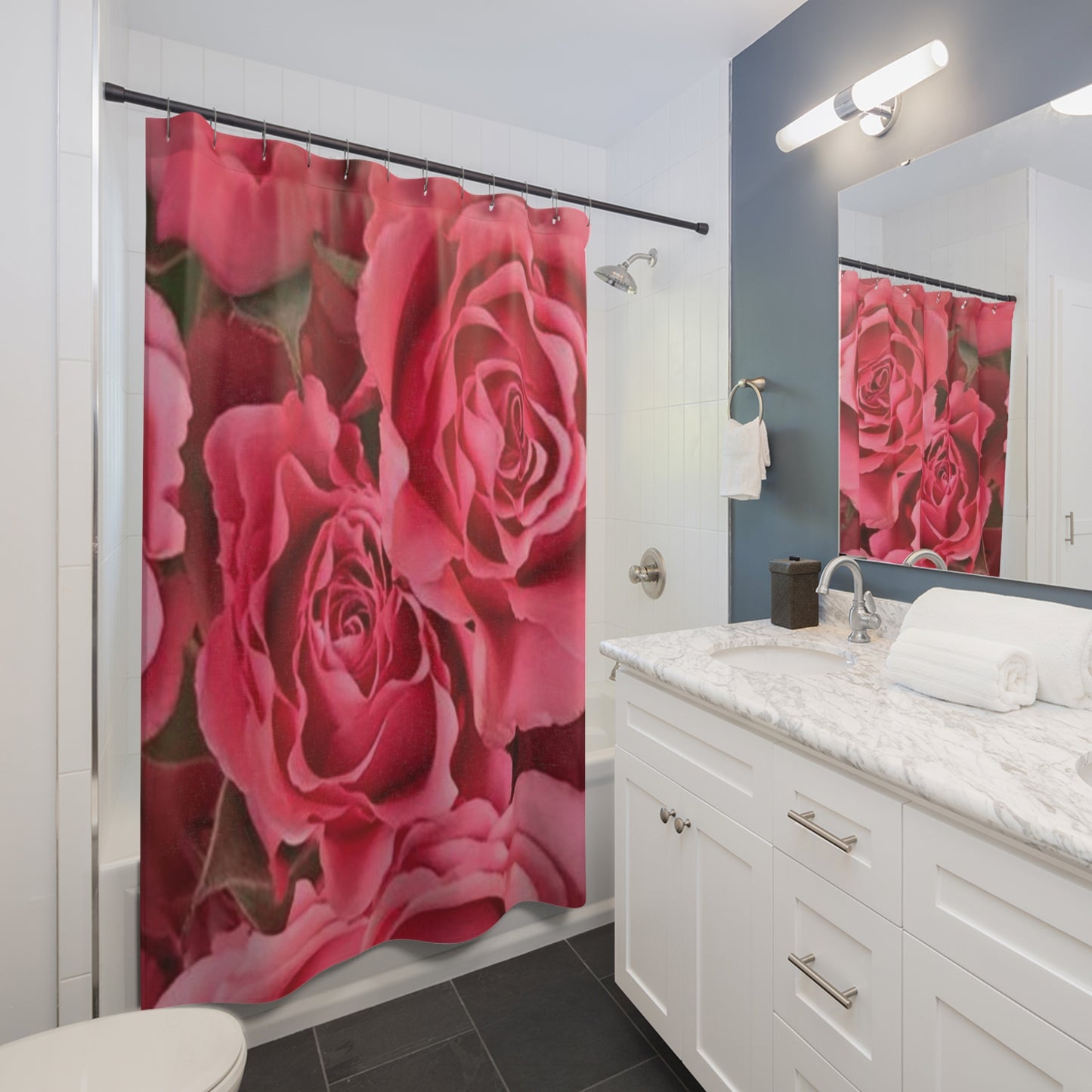 Romantic Floral Shower Curtain - Pink Roses Design for Elegant Bathroom Decor