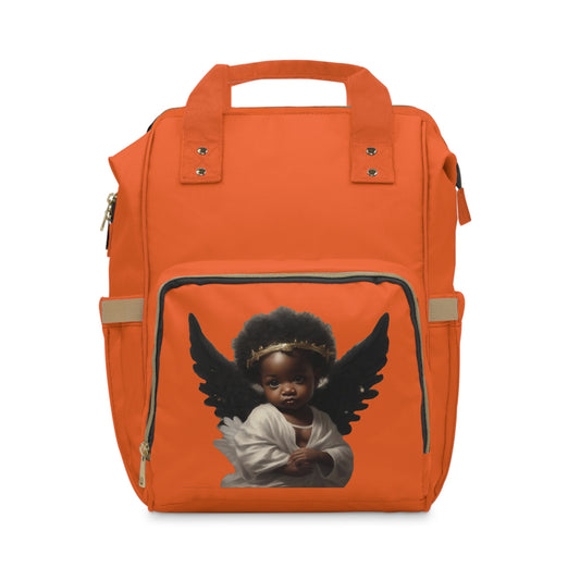 Orange Multifunctional Diaper Backpack with Angel Design – Stylish Baby Care Essential