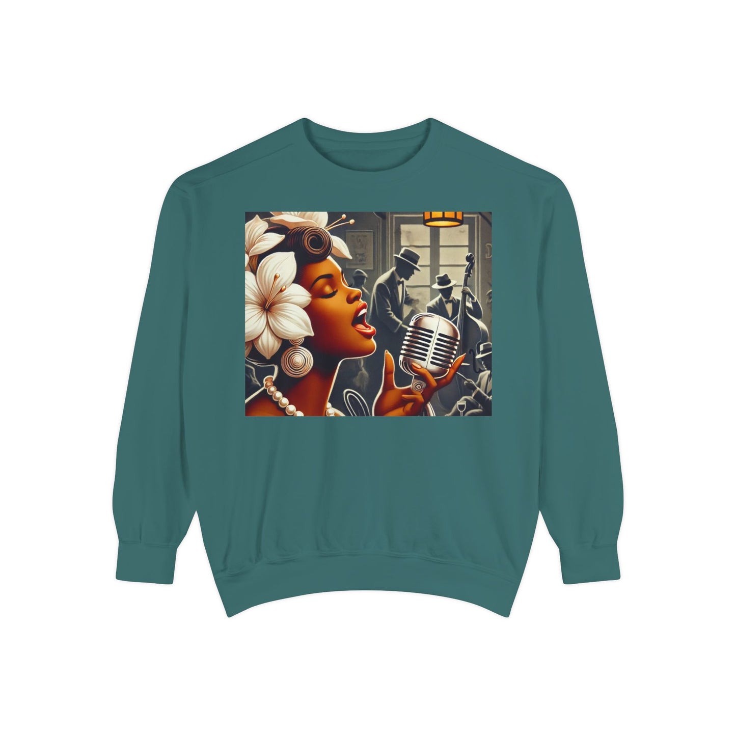 Vintage Jazz Singer Sweatshirt - Unisex Garment-Dyed Design for Music Lovers