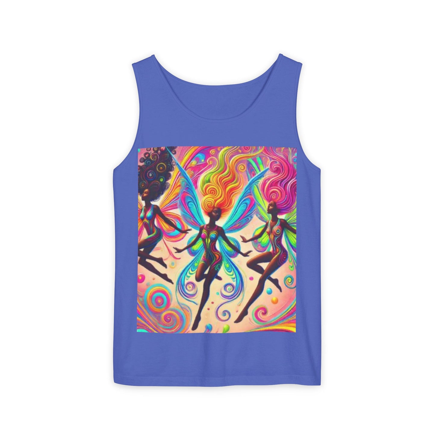 Vibrant Fairy Dance Tank Top, Bohemian Apparel, Artistic Summer Wear, Festival Shirt, Unisex Graphic Top, Colorful Gift Idea