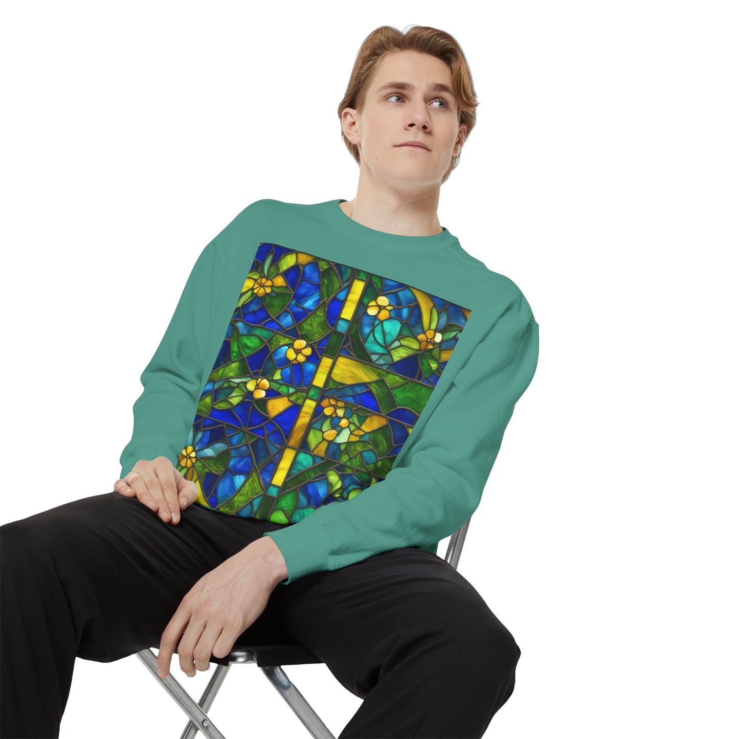 Colorful Stained Glass Flower Sweatshirt - Unisex Garment-Dyed Pullover