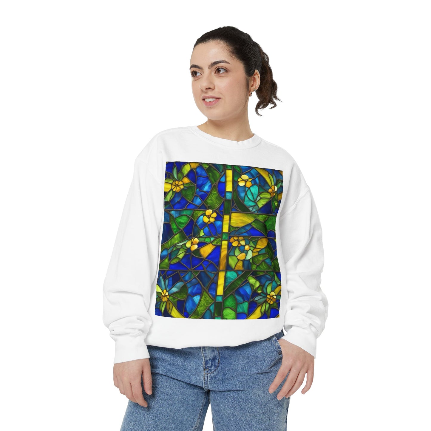 Colorful Stained Glass Flower Sweatshirt - Unisex Garment-Dyed Pullover