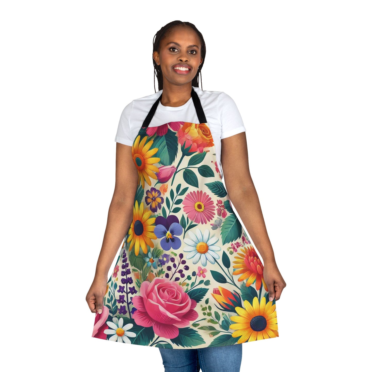 Floral Print Apron with 5-Color Straps – Perfect for Cooking, Gardening, or Crafting
