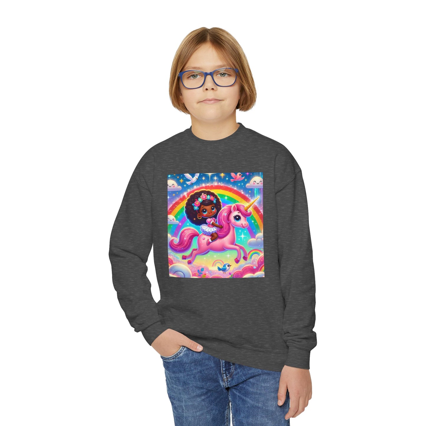 Rainbow Unicorn Youth Crewneck Sweatshirt - Magical Adventure Design