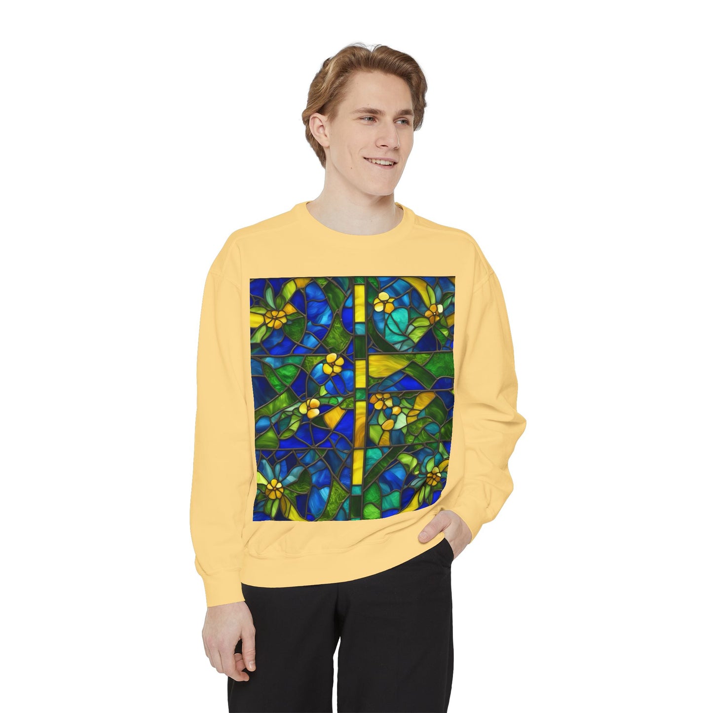 Colorful Stained Glass Flower Sweatshirt - Unisex Garment-Dyed Pullover