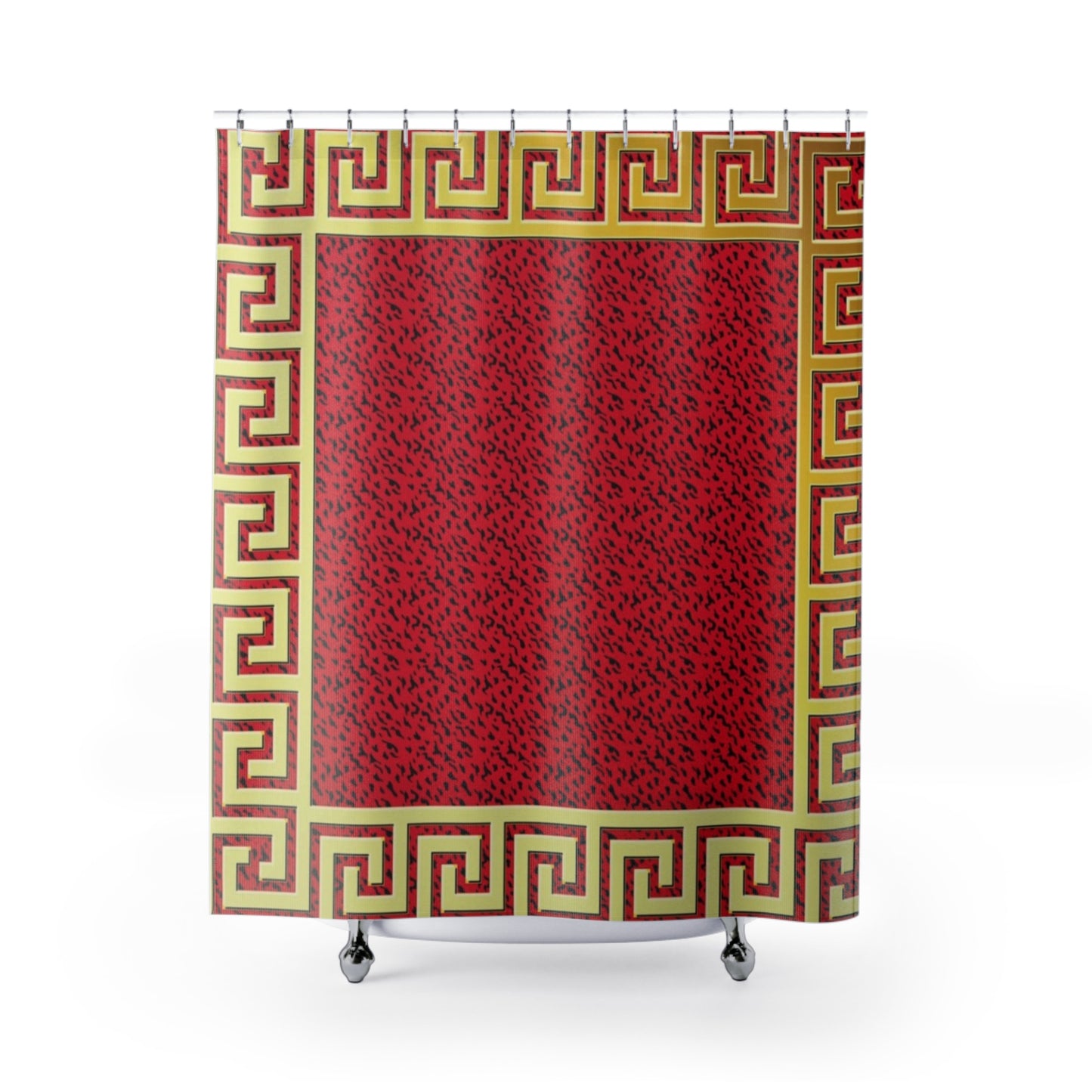 Vibrant Greek Key Shower Curtain - Bold Red & Gold Pattern for Luxurious Bathrooms