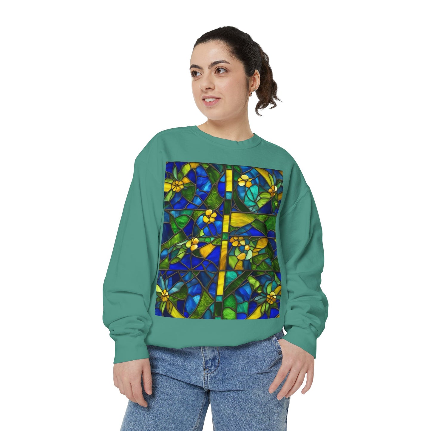 Colorful Stained Glass Flower Sweatshirt - Unisex Garment-Dyed Pullover