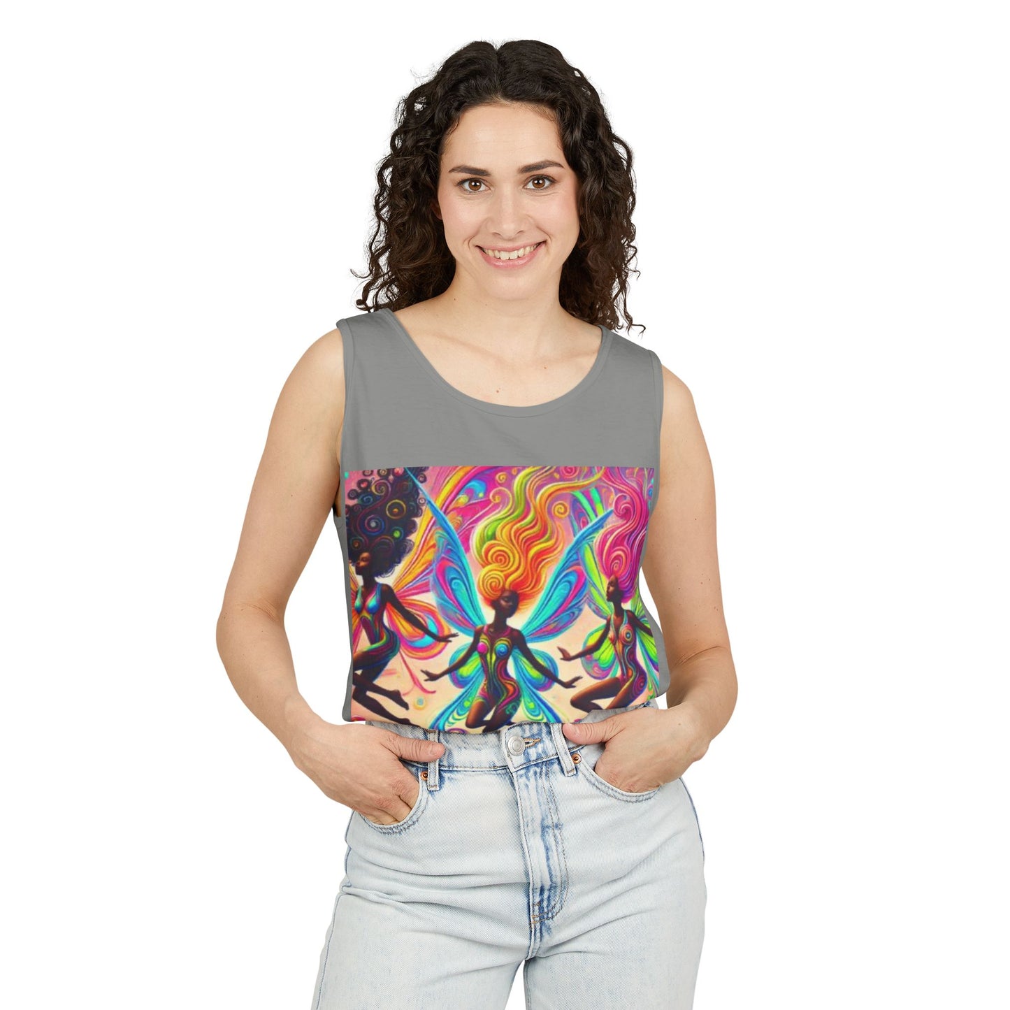 Vibrant Fairy Dance Tank Top, Bohemian Apparel, Artistic Summer Wear, Festival Shirt, Unisex Graphic Top, Colorful Gift Idea