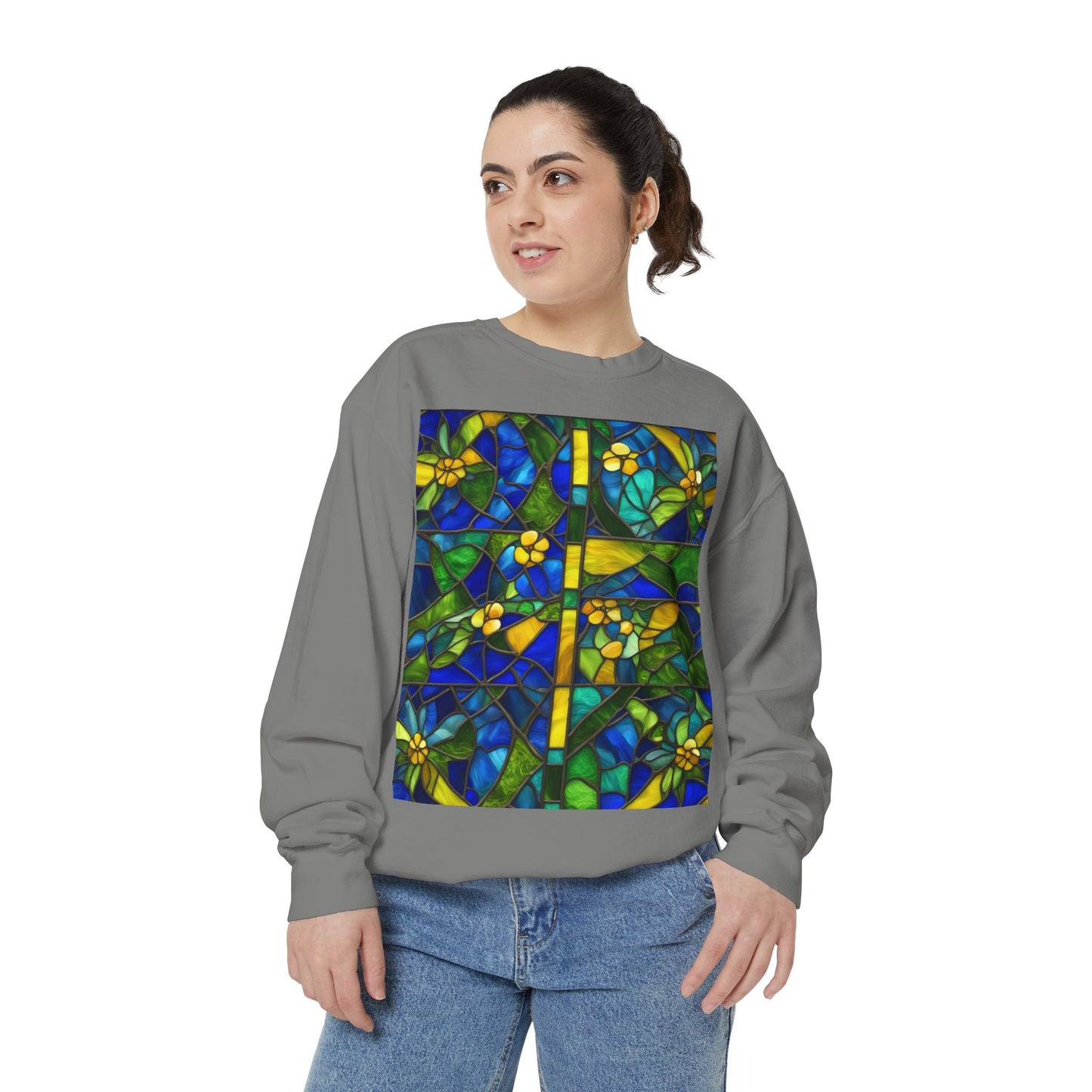 Colorful Stained Glass Flower Sweatshirt - Unisex Garment-Dyed Pullover