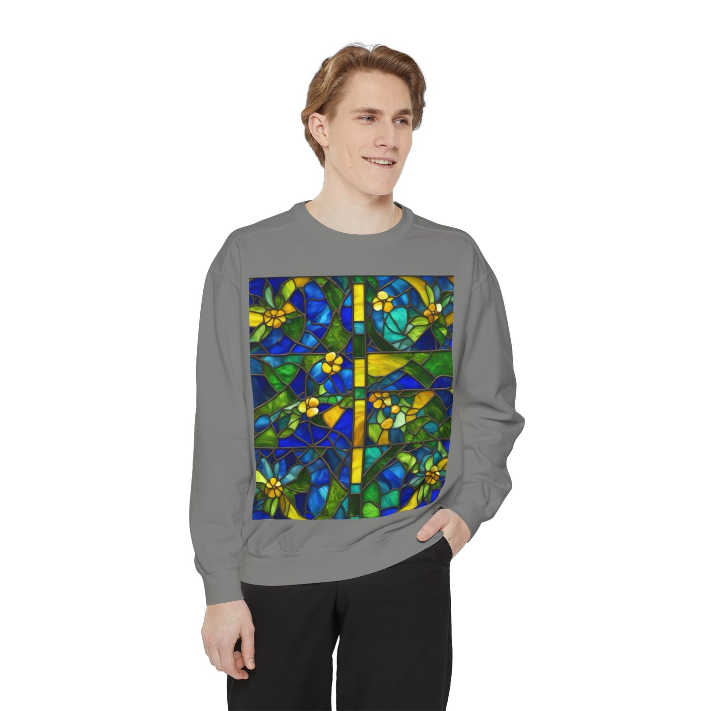 Colorful Stained Glass Flower Sweatshirt - Unisex Garment-Dyed Pullover