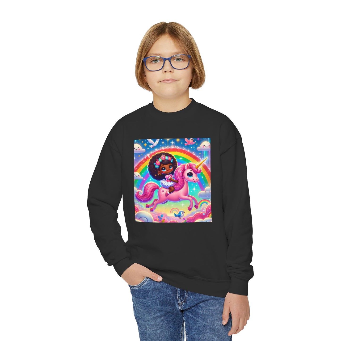 Rainbow Unicorn Youth Crewneck Sweatshirt - Magical Adventure Design
