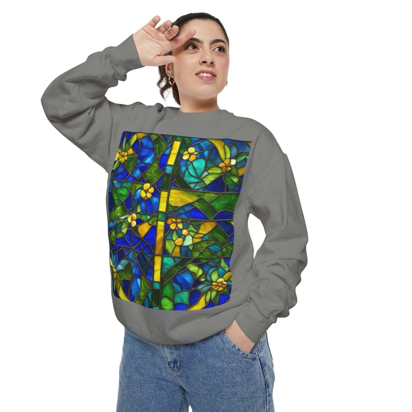 Colorful Stained Glass Flower Sweatshirt - Unisex Garment-Dyed Pullover
