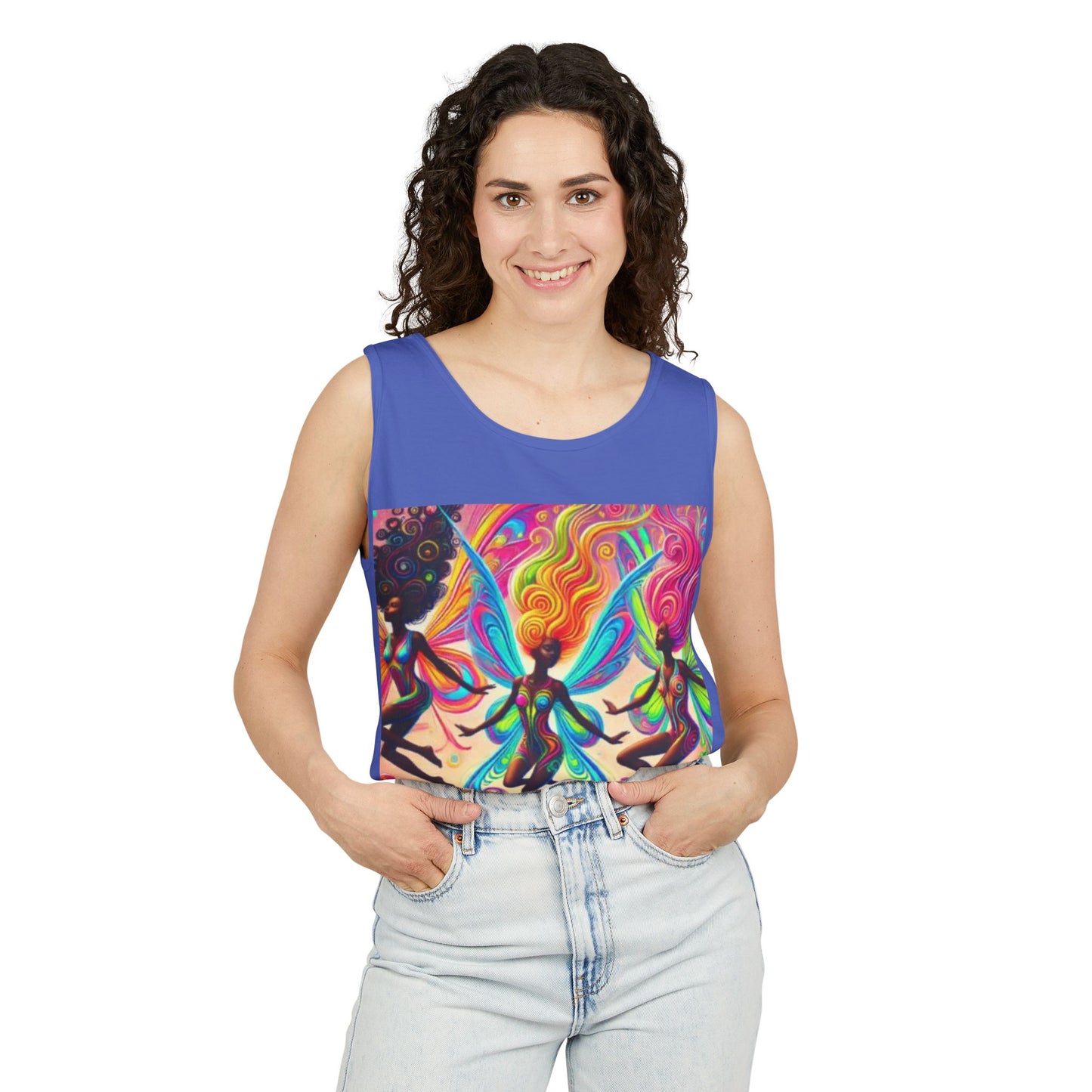 Vibrant Fairy Dance Tank Top, Bohemian Apparel, Artistic Summer Wear, Festival Shirt, Unisex Graphic Top, Colorful Gift Idea