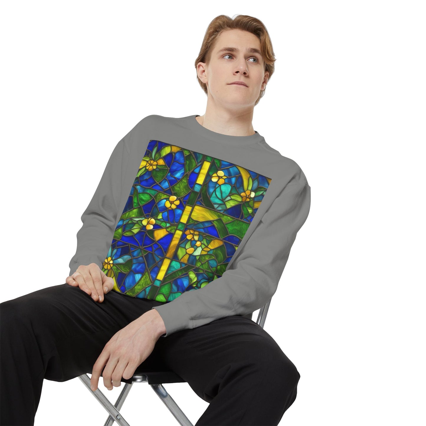 Colorful Stained Glass Flower Sweatshirt - Unisex Garment-Dyed Pullover