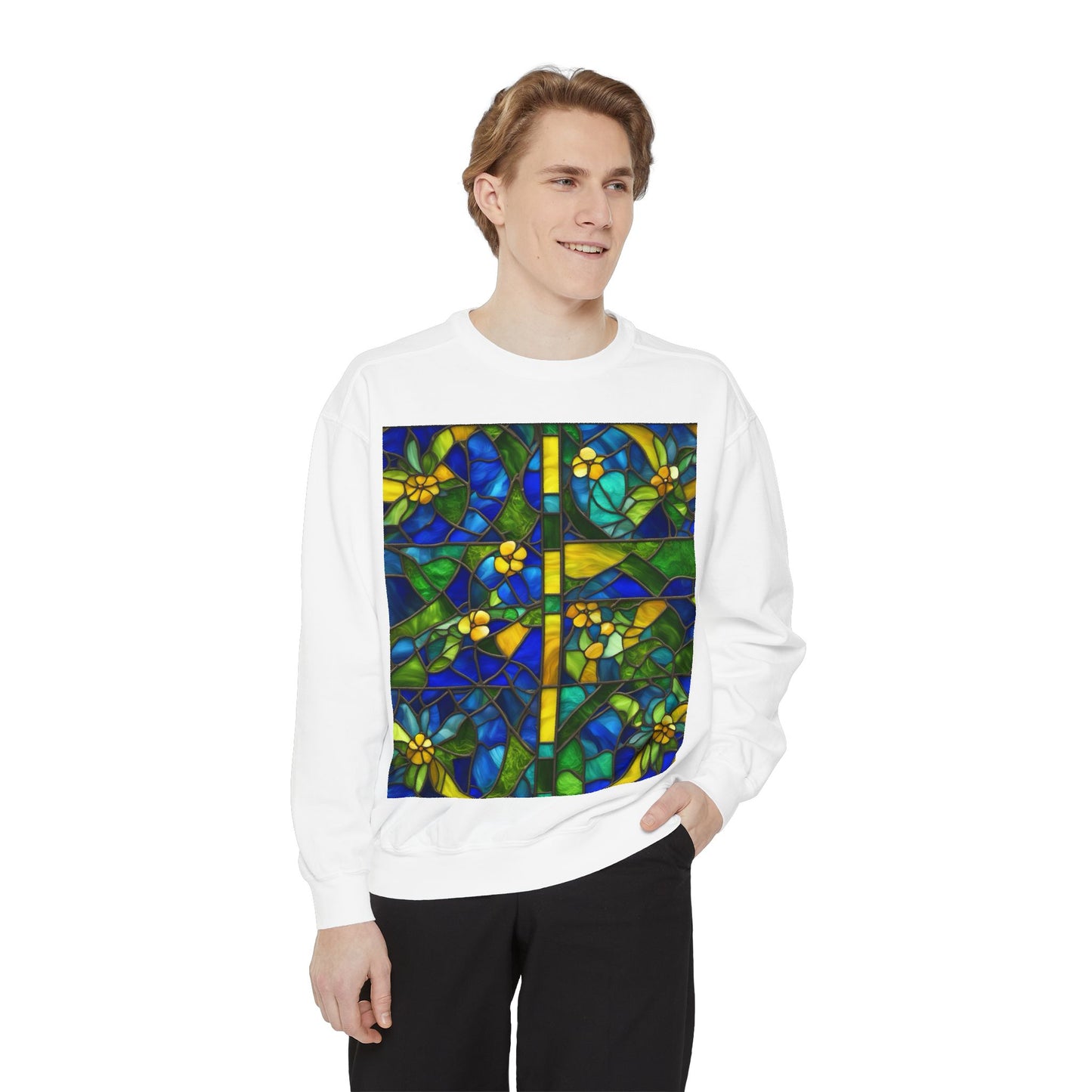 Colorful Stained Glass Flower Sweatshirt - Unisex Garment-Dyed Pullover