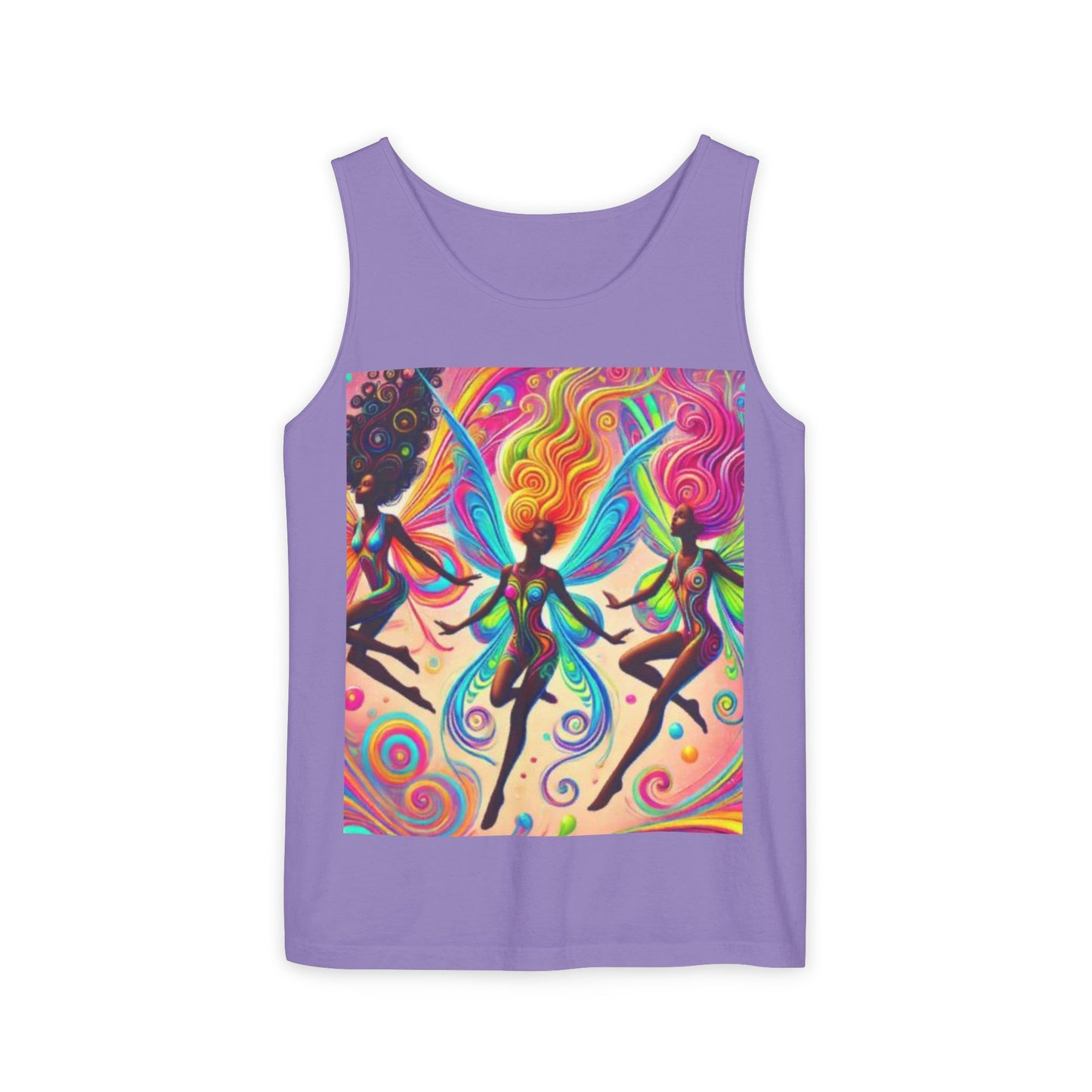 Vibrant Fairy Dance Tank Top, Bohemian Apparel, Artistic Summer Wear, Festival Shirt, Unisex Graphic Top, Colorful Gift Idea