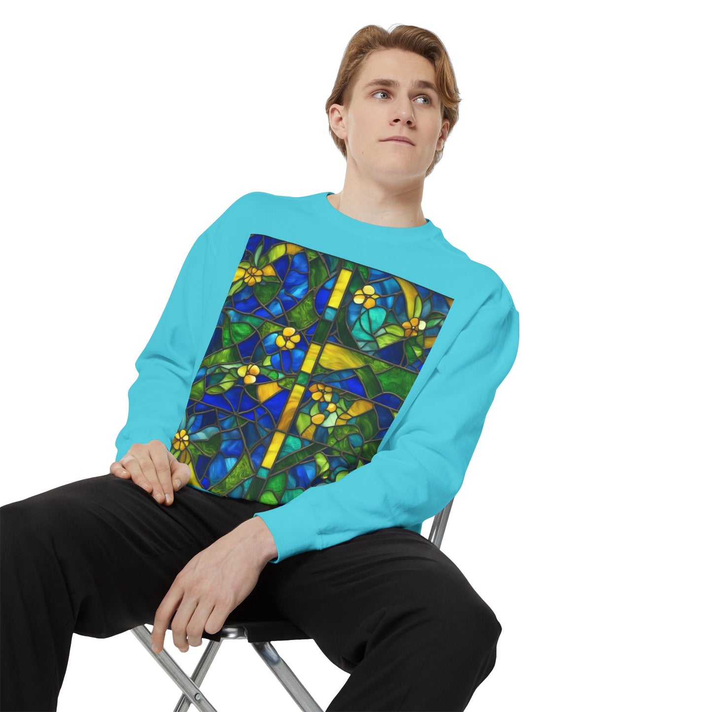 Colorful Stained Glass Flower Sweatshirt - Unisex Garment-Dyed Pullover