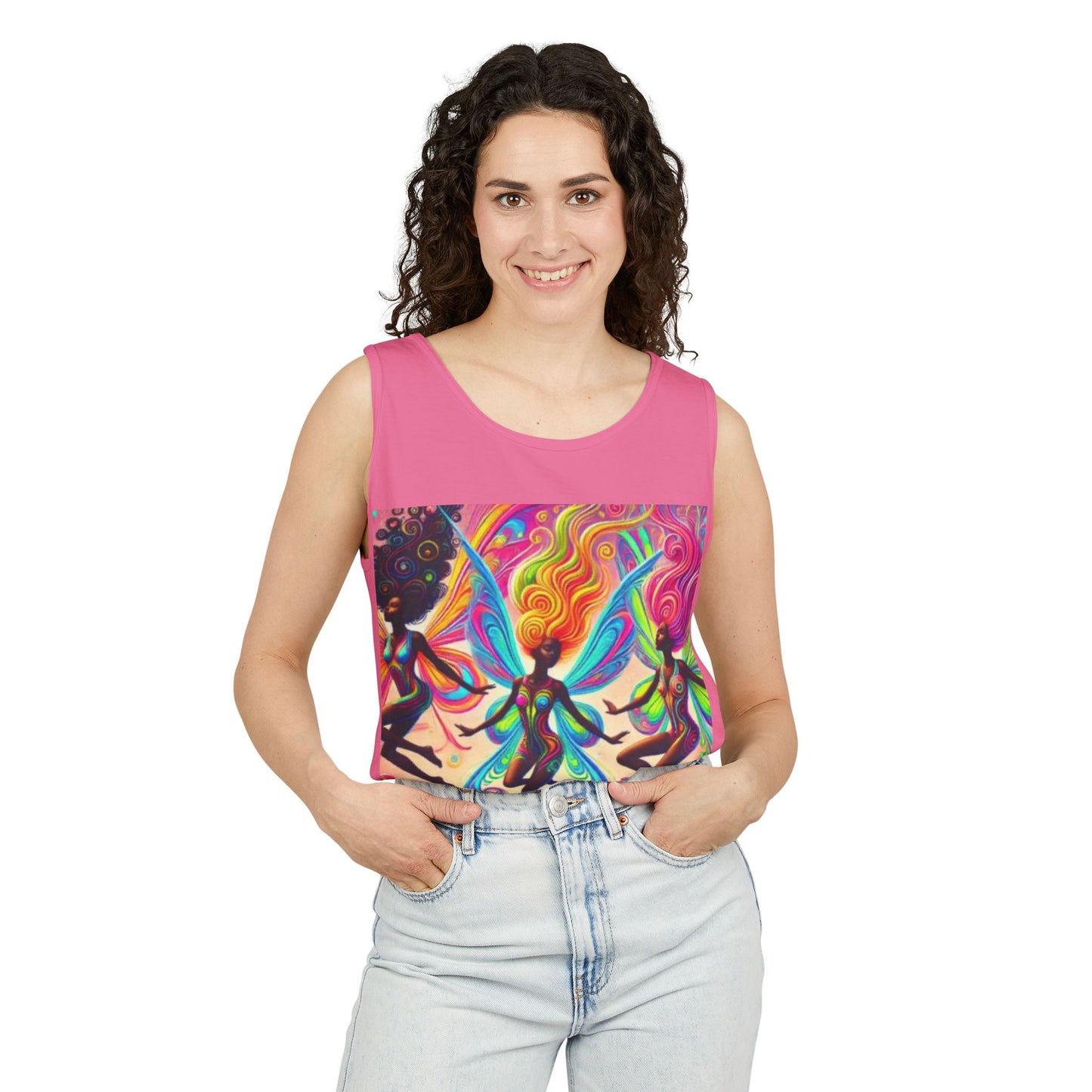 Vibrant Fairy Dance Tank Top, Bohemian Apparel, Artistic Summer Wear, Festival Shirt, Unisex Graphic Top, Colorful Gift Idea