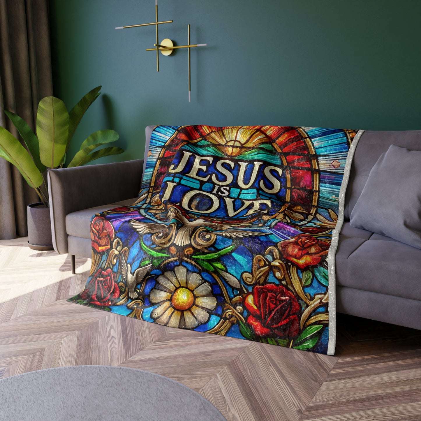 Crushed Velvet Blanket - Jesus is Love Stained Glass Design