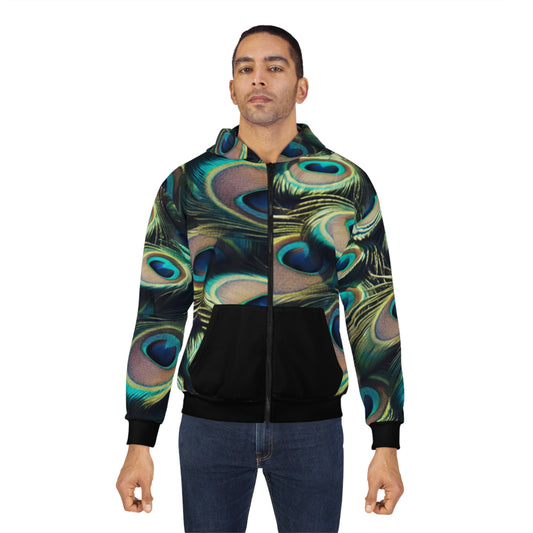 Vibrant Peacock Feather Unisex Zip Hoodie | Cozy & Stylish Layering