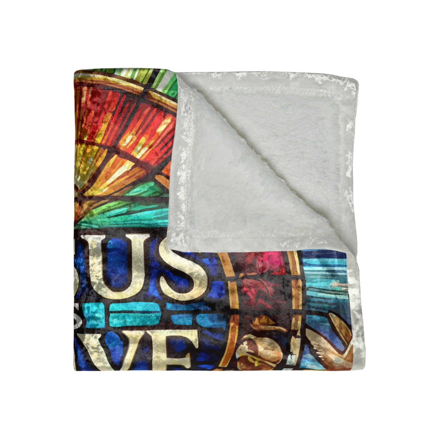 Crushed Velvet Blanket - Jesus is Love Stained Glass Design