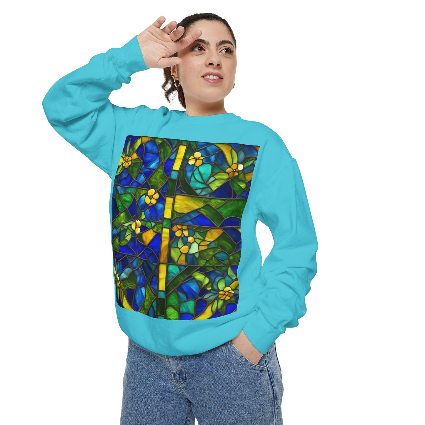 Colorful Stained Glass Flower Sweatshirt - Unisex Garment-Dyed Pullover