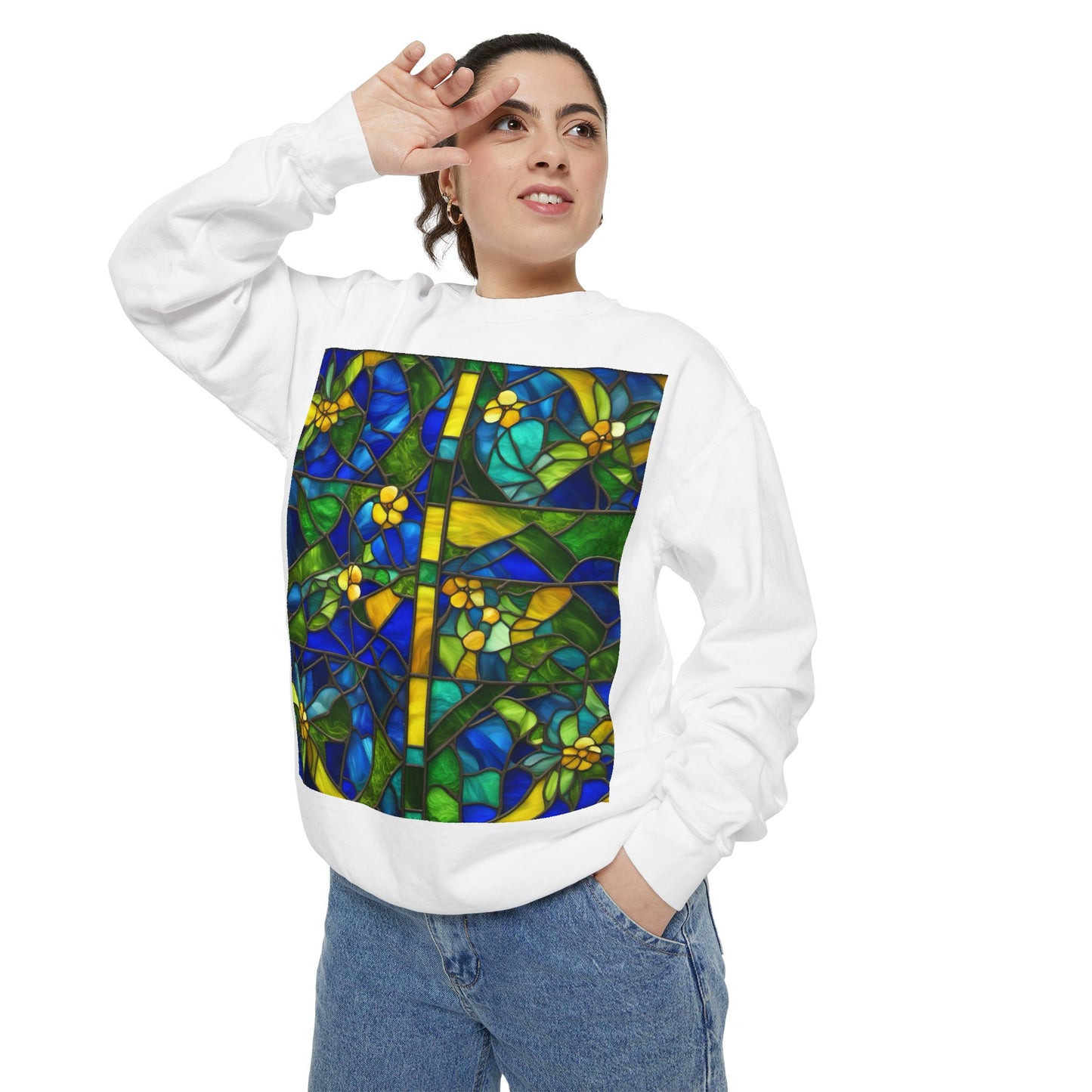 Colorful Stained Glass Flower Sweatshirt - Unisex Garment-Dyed Pullover