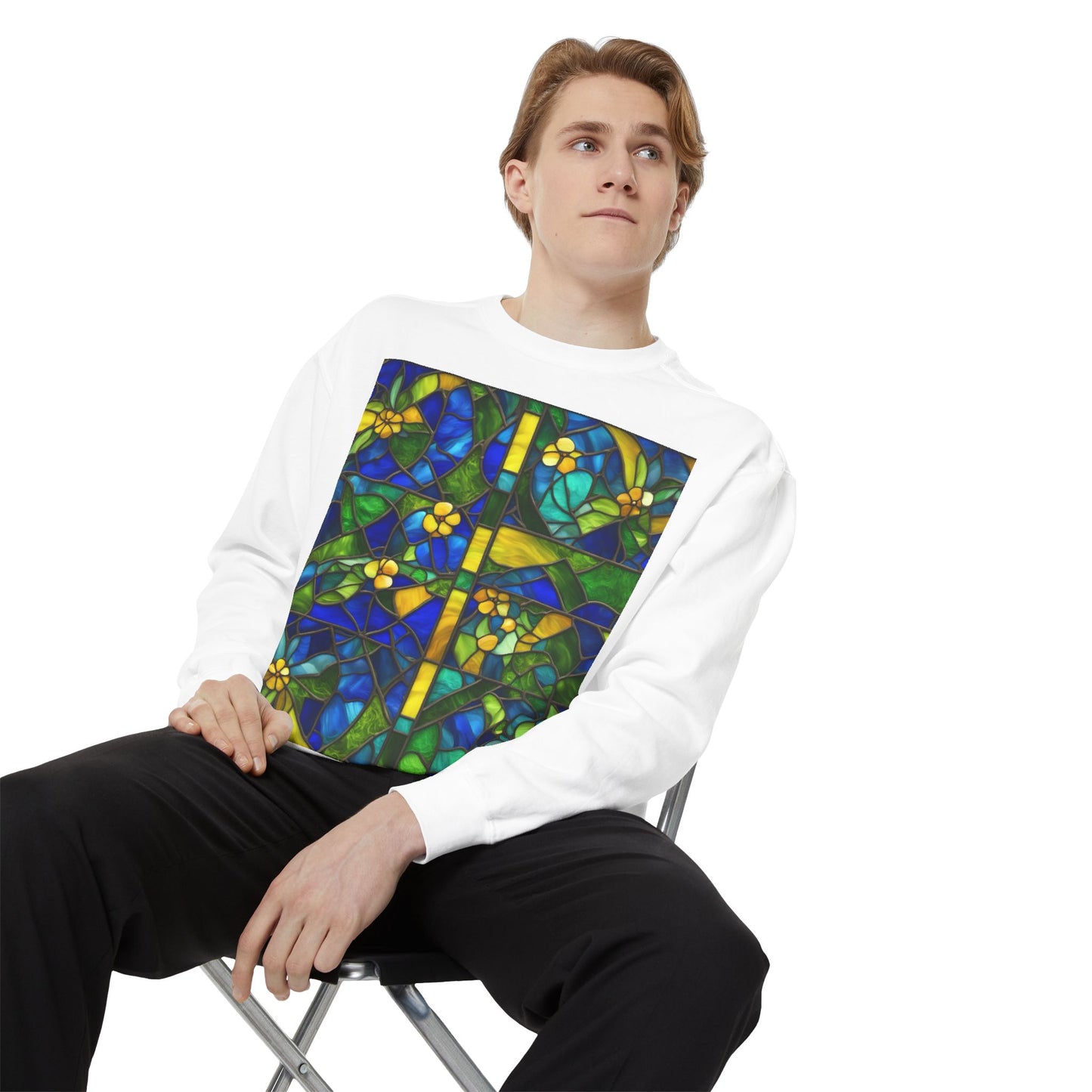 Colorful Stained Glass Flower Sweatshirt - Unisex Garment-Dyed Pullover