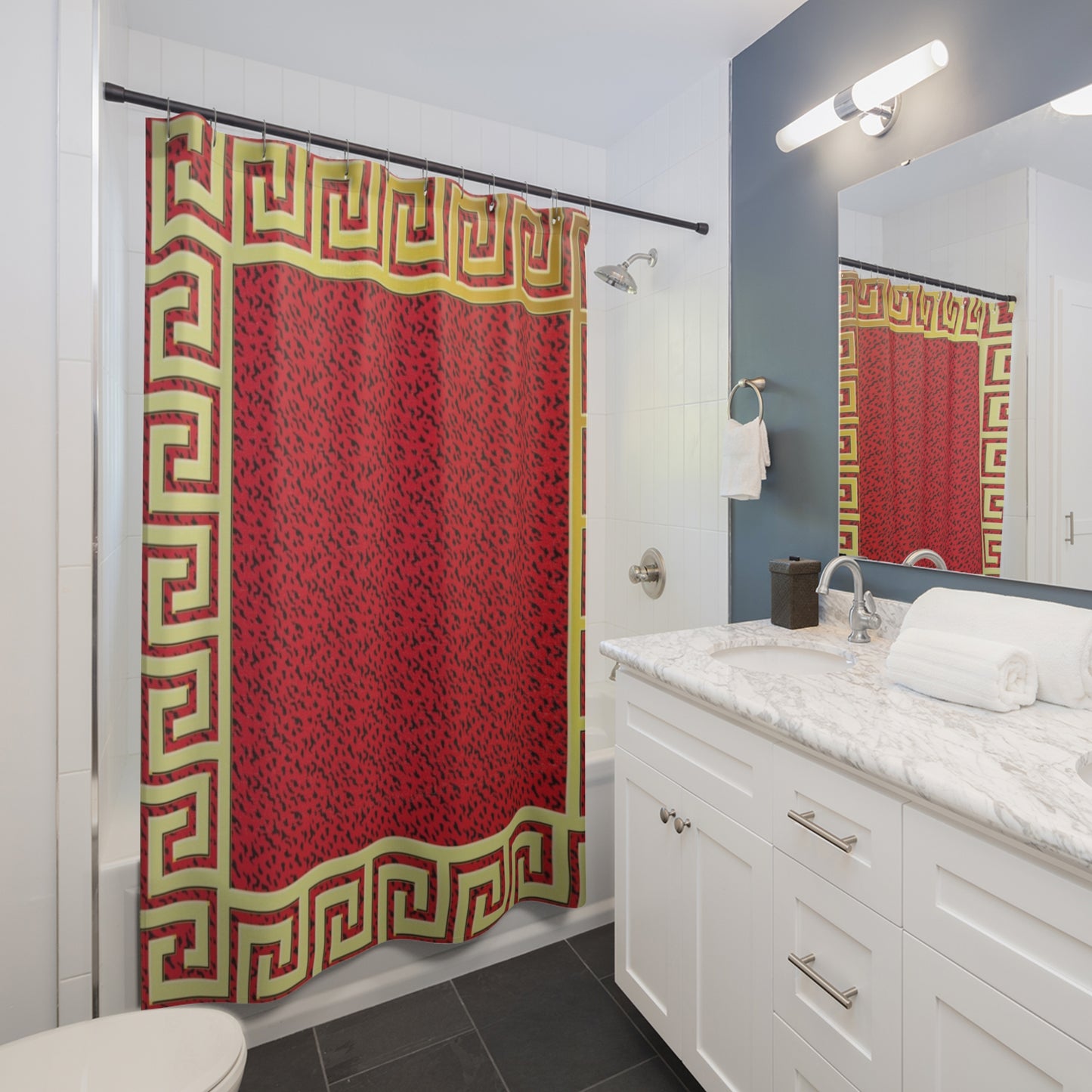 Vibrant Greek Key Shower Curtain - Bold Red & Gold Pattern for Luxurious Bathrooms